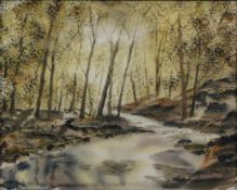 20th century School, watercolour, A stream running through the woods,