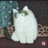 20th century Chinese School, Study of a cat, verre eglomise,