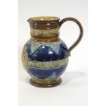 A Doulton Lambeth stoneware Victoria diamond jubilee jug, with a scroll handle and two bands,