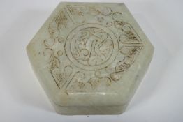 An Asian hard stone hexagonal box of rounded edge form,