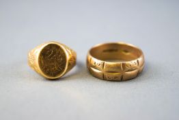 A collection of two rings to include: A yellow metal signet ring stamped 750 for 18ct gold,