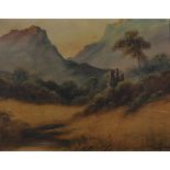 A pair of Scottish oils, one depicting a castle in mountainous scenery,