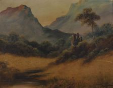 A pair of Scottish oils, one depicting a castle in mountainous scenery,