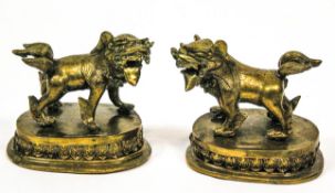 A pair of Chinese brass Temple Dogs, probably 19th Century, on oval plinth bases,