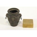 A Chinese brass ink box of square form engraved with a landscape 8cm x 8cm,