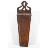 A George III mahogany and boxwood strung candle box with pierced crest,