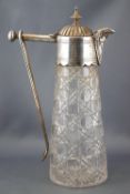 A cut glass and electroplated claret jug, of plain tapering cylindrical form, with a hinged,