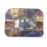 A leaded stained glass and agate panel, depicting a boy on a sofa, marked Annie '10,