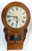 A Victorian Tunbridge inlaid drop dial wall clock, the 28cm white dial with Roman numerals,