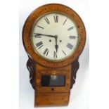 A Victorian Tunbridge inlaid drop dial wall clock, the 28cm white dial with Roman numerals,