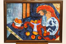 Claire, Still Life with fruit on a table, acrylic on paper, signed and dated 98 lower left,