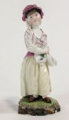 A Hochst porcelain figure of a girl wearing a bonnet and shawl, carrying flowers in her apron,