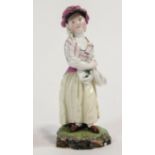 A Hochst porcelain figure of a girl wearing a bonnet and shawl, carrying flowers in her apron,