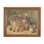 E W Chilvers, Still life with apples signed lower left, watercolour, 21.