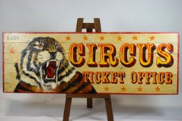 A Circus advertising sign, the painted wooden planks with a Tiger and Circus Ticket Office,