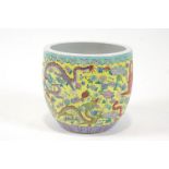 A Chinese yellow ground porcelain planter, printed and painted with a five claw dragon motif,