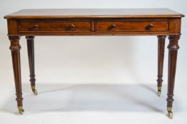 A mid 19th century mahogany writing table with rounded corner rectangular top over a plain frieze