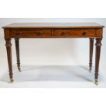 A mid 19th century mahogany writing table with rounded corner rectangular top over a plain frieze