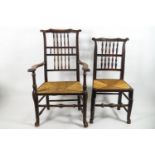 An elm and ash Lancashire open arm chair with turned spindle back, and rush seat,