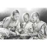 21st century Chinese School, Three young buddhist monks, pencil,