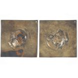 Two pressed silvered metal Dickensian panels, depicting Mrs Gamp and Tom Pinch,