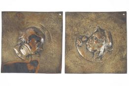 Two pressed silvered metal Dickensian panels, depicting Mrs Gamp and Tom Pinch,