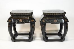 A pair of mid 20th century Chinese incised lacquer stands/low tables of cut cornered square form