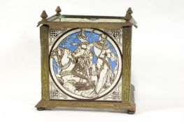 A mid Victorian brass and Minton tile square jardinière stand,