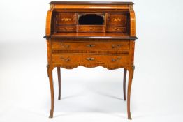 A 20th century Louis XV style kingwood and marquetry ladies cylinder bureau,