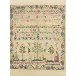 A sampler, in very fine stitching with animal and floral motifs, dated 1828 to the back,