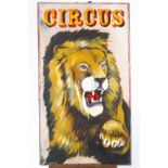 A Circus advertising sign, painted on wood with a lion,