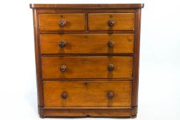 A mid 19th century mahogany chest of two short and three long graduated drawers,