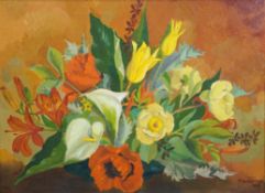 P. Minstone, Still Life with lilies and other flowers, oil on canvas