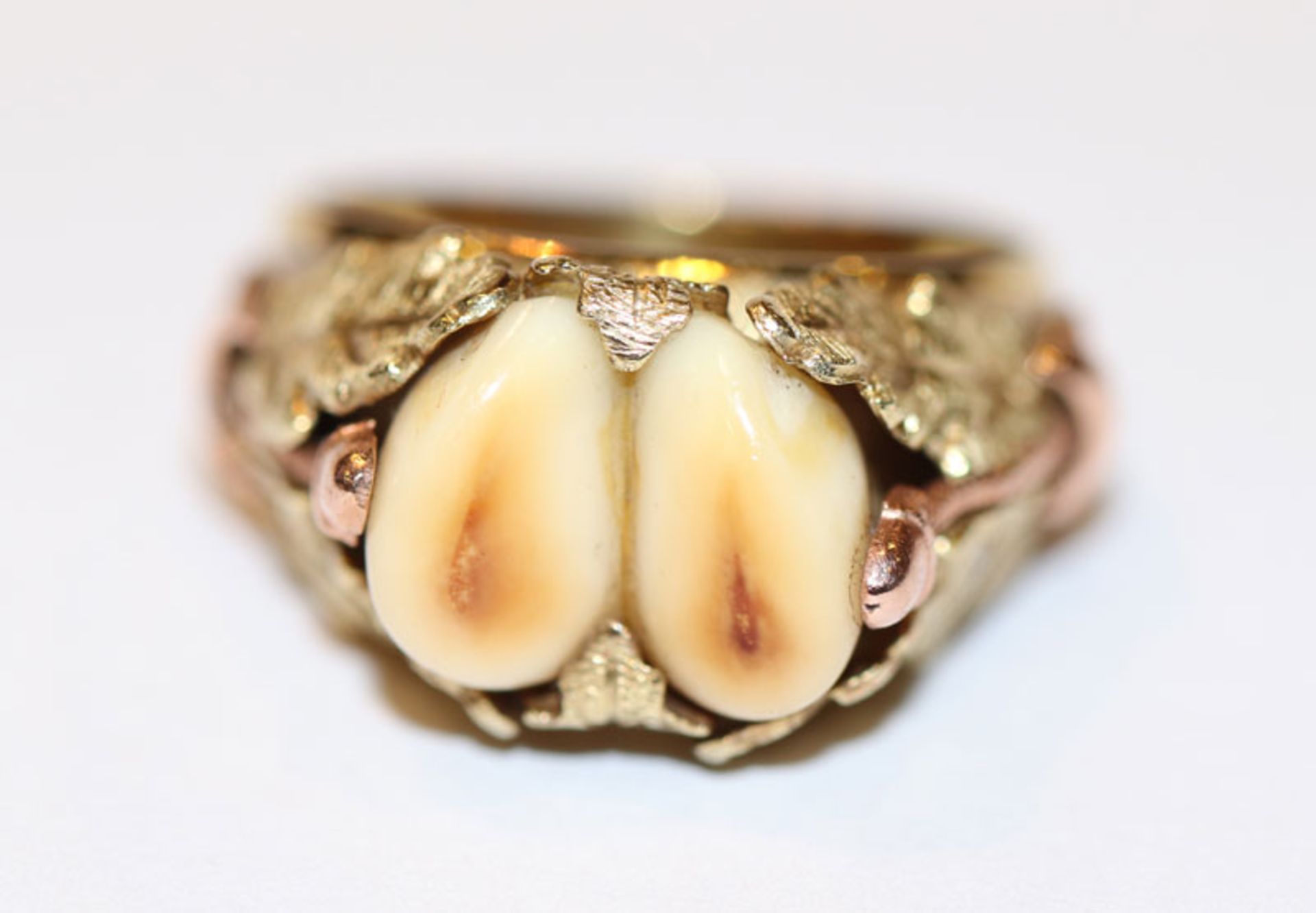 14 k Gelbgold Grandel-Ring mit plastischen Eichenblättern, Gr. 56, 10,7 gr., schöne Handarbeit