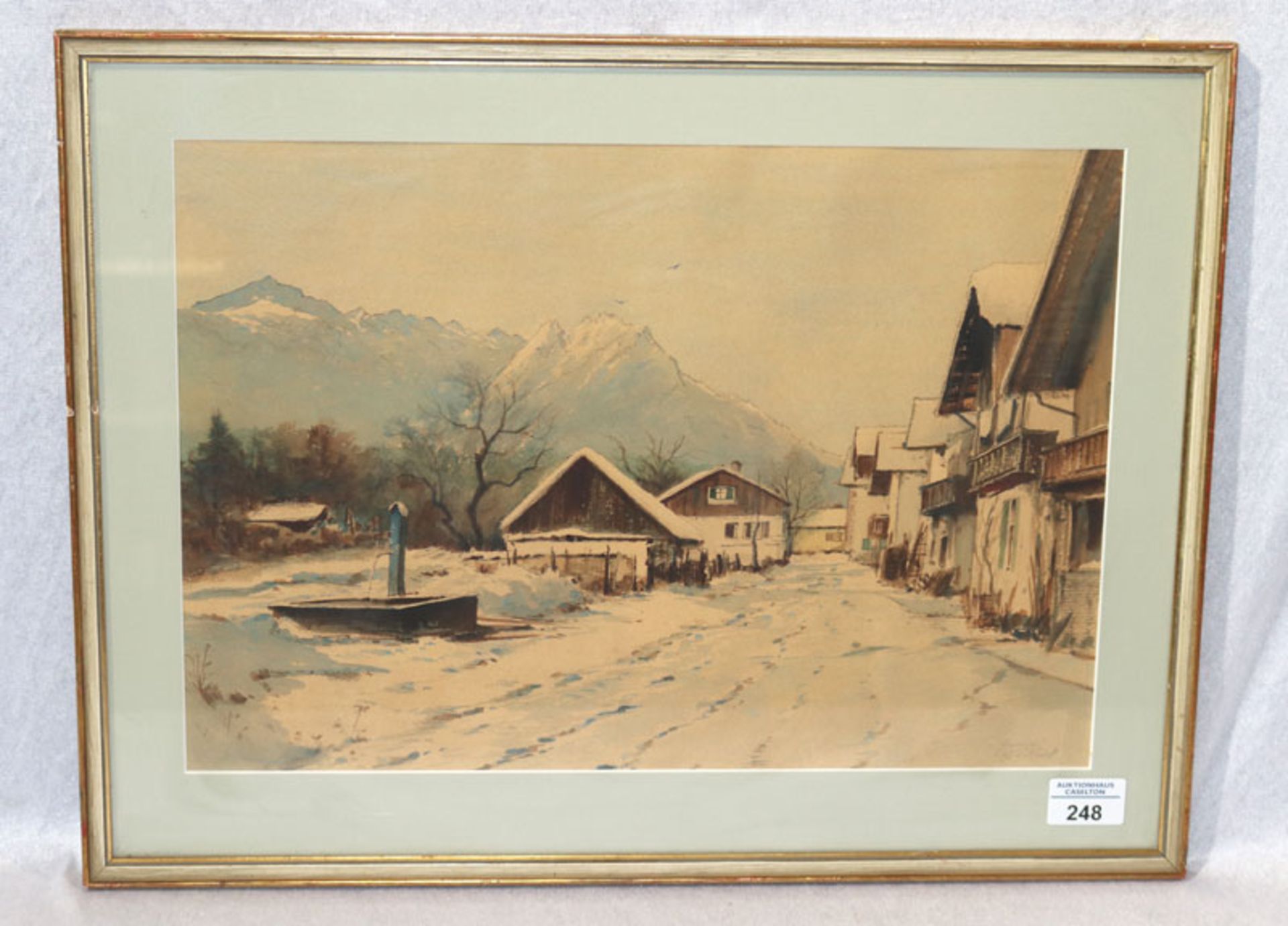 Aquarell 'Frühlingsstrasse im Winter', signiert Fritz Haid, Garmisch, * 1906 München + 1986 München,