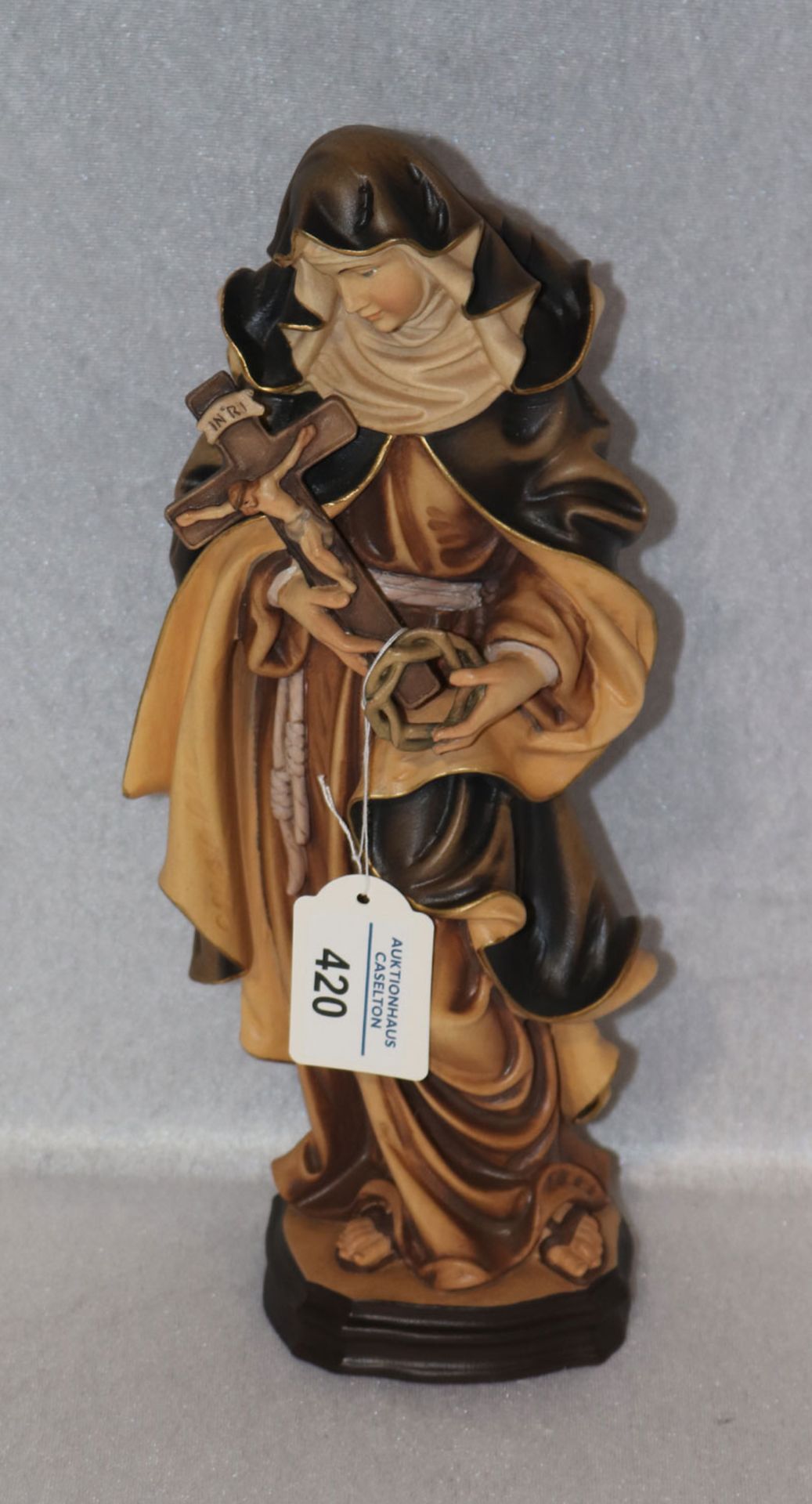 Holz Figurenskulptur 'Heilige Crescentia aus Kaufbeuren', farbig gefaßt, H 30 cm