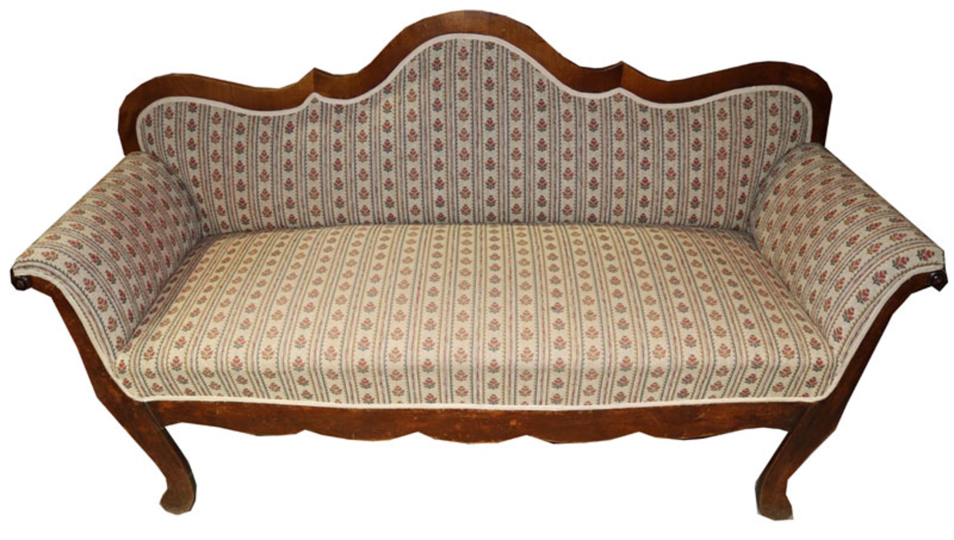 Sofa in geschwungenem Holzrahmen, gepolstert und beige/floral bezogen, 19. Jahrhundert, H 100 cm,