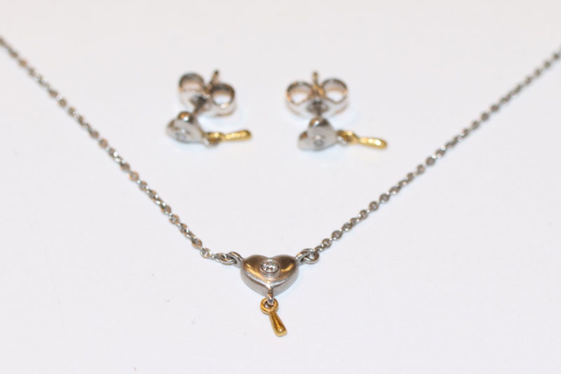 Platin/Gold Schmuckset mit Diamanten: Collier-Kette, L 40 cm, und Paar passende Ohrstecker, alles