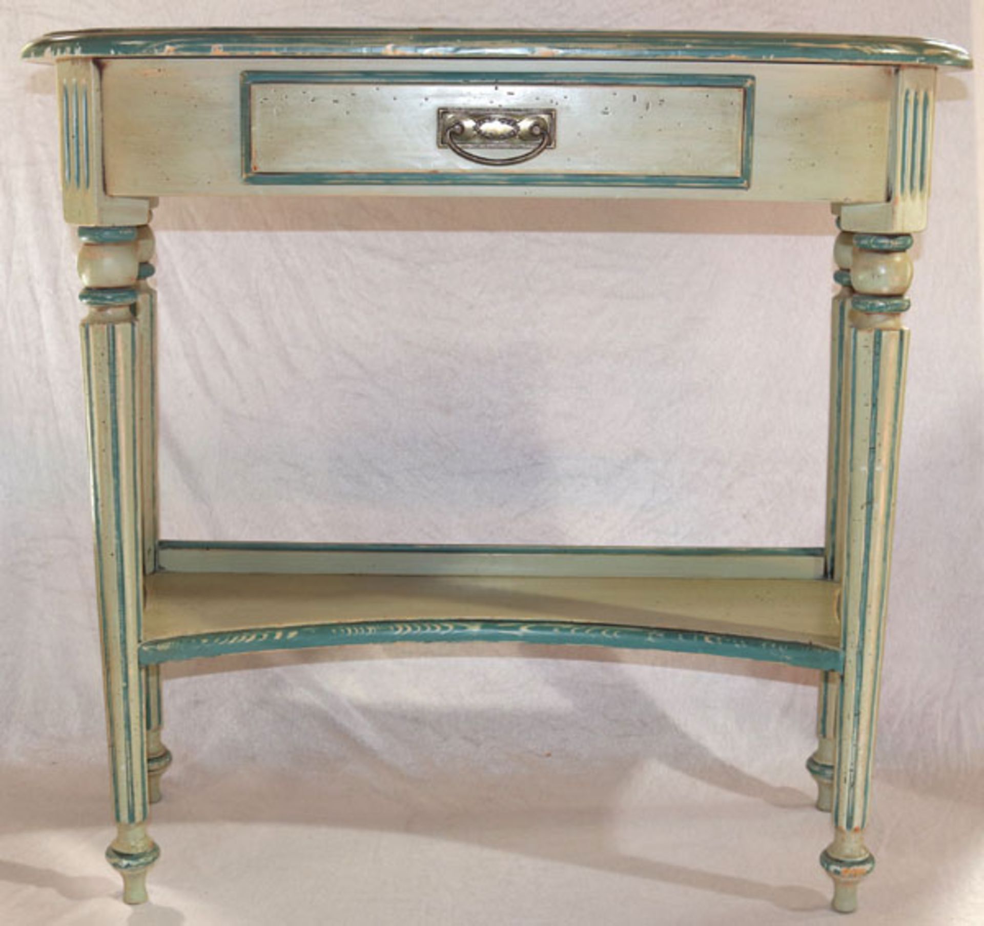 Wandtischchen, Korpus mit einer Schublade und Ablage, grün/blau bemalt, Farbe teils berieben, H 80