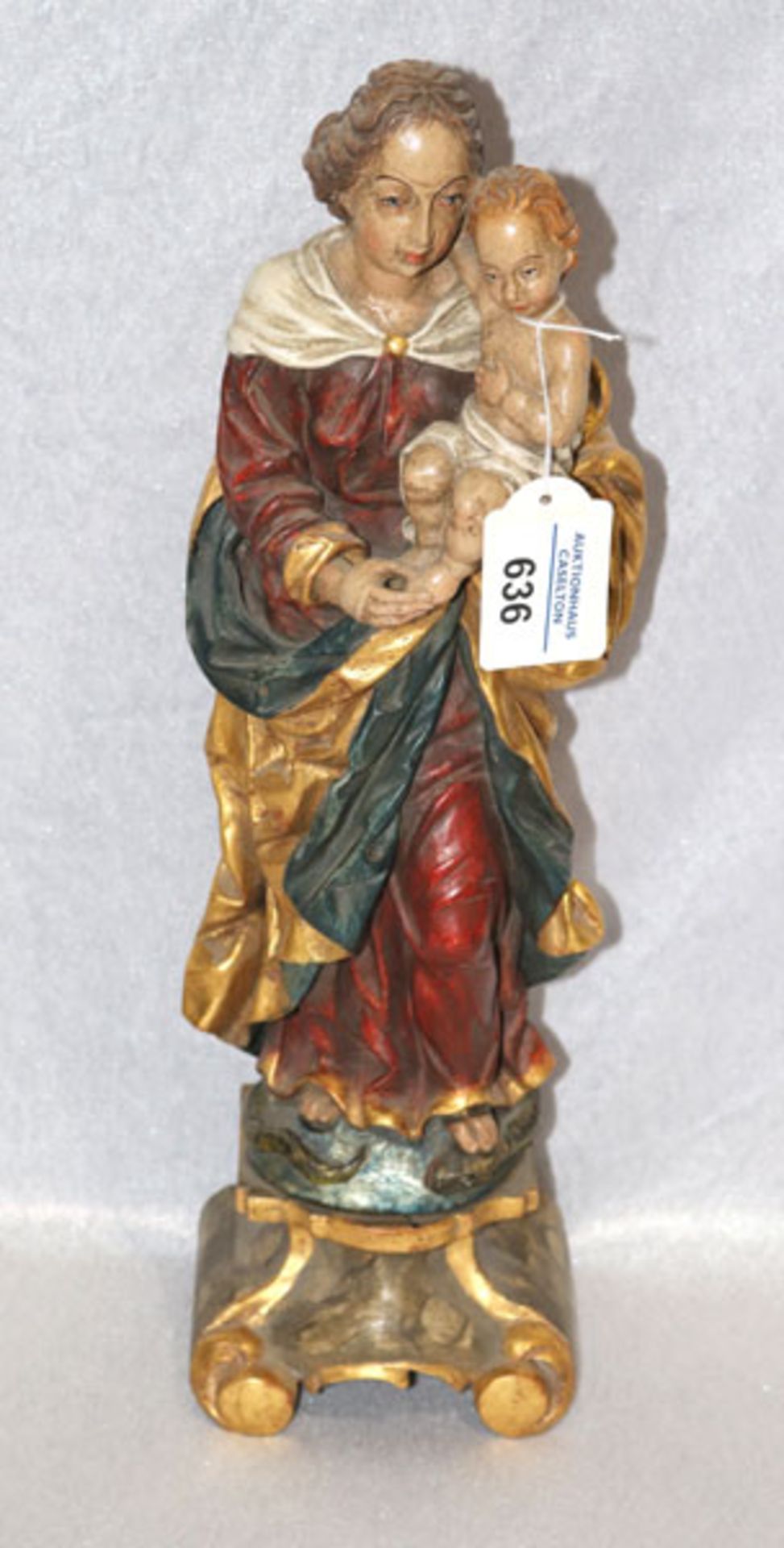 Holz Figurenskulptur 'Maria mit Kind', farbig gefaßt, auf Holzsockel montiert, H 37 cm