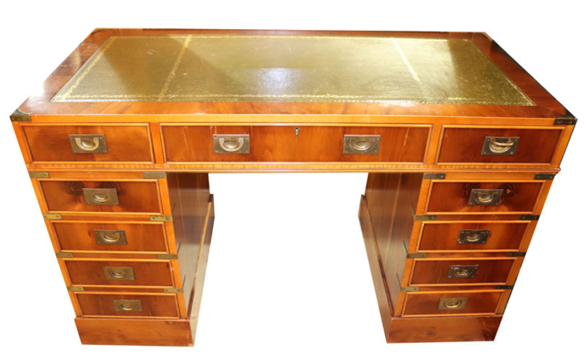 Schreibtisch, Korpus mit 11 Schüben, Tischplatte mit grüner Ledereinlage, Goldprägung, Messing