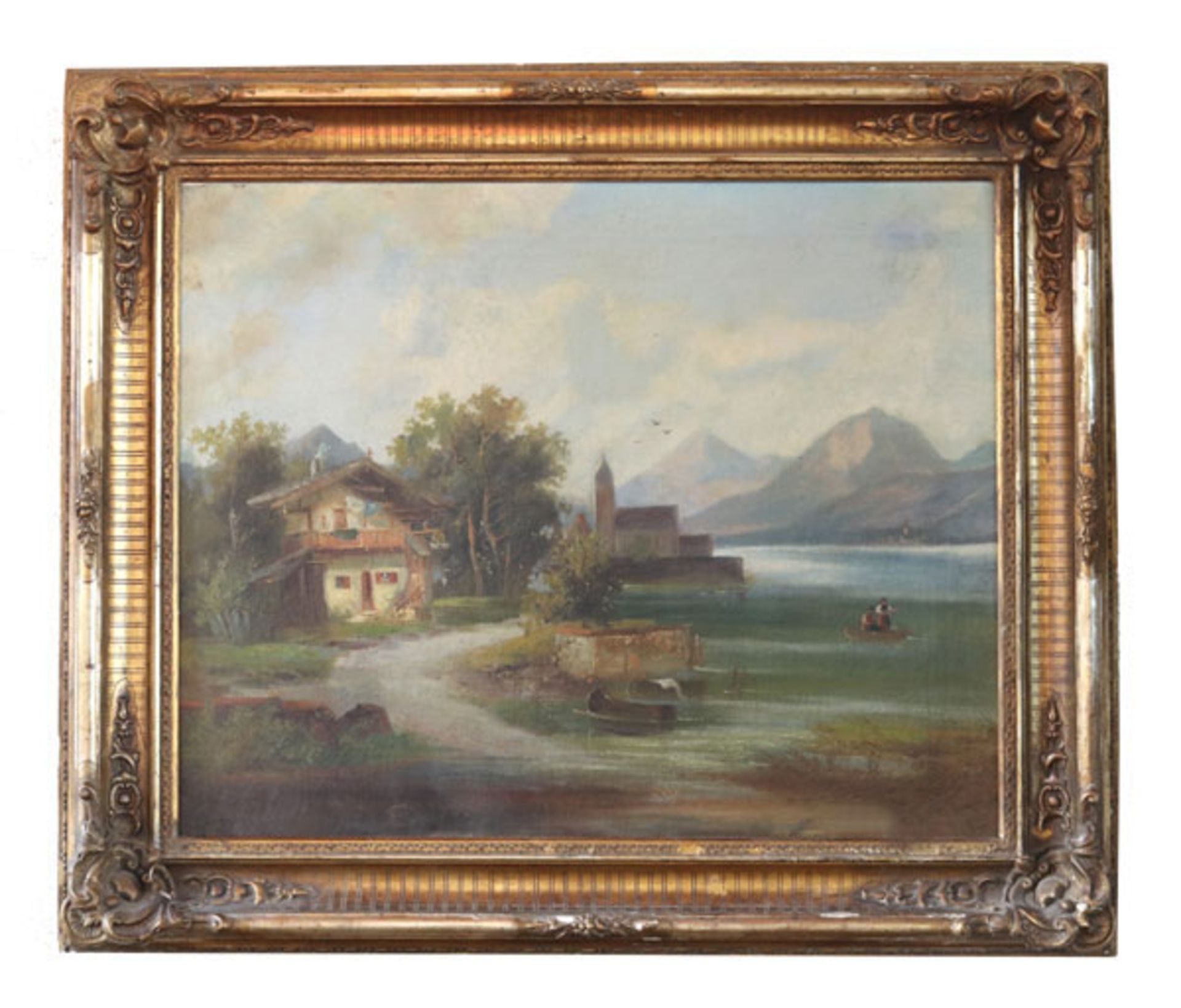 Gemälde ÖL/LW 'Bayerische Landschaft-Szenerie mit Kirche und Haus am See', LW doubliert,