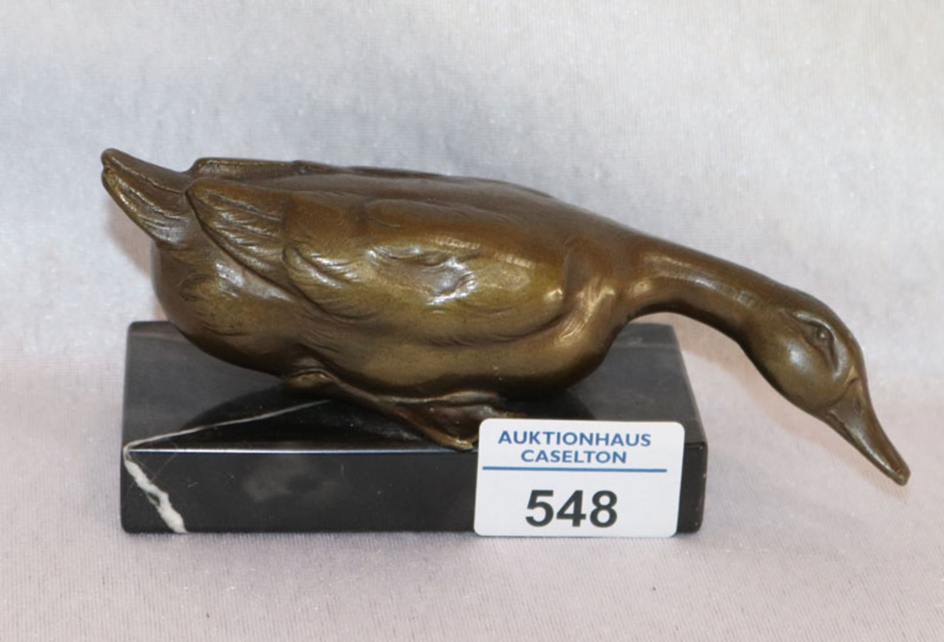 Bronze Tierskulptur 'Gans' auf Marmorsockel, H 7 cm, L 14 cm, B 5,3 cm