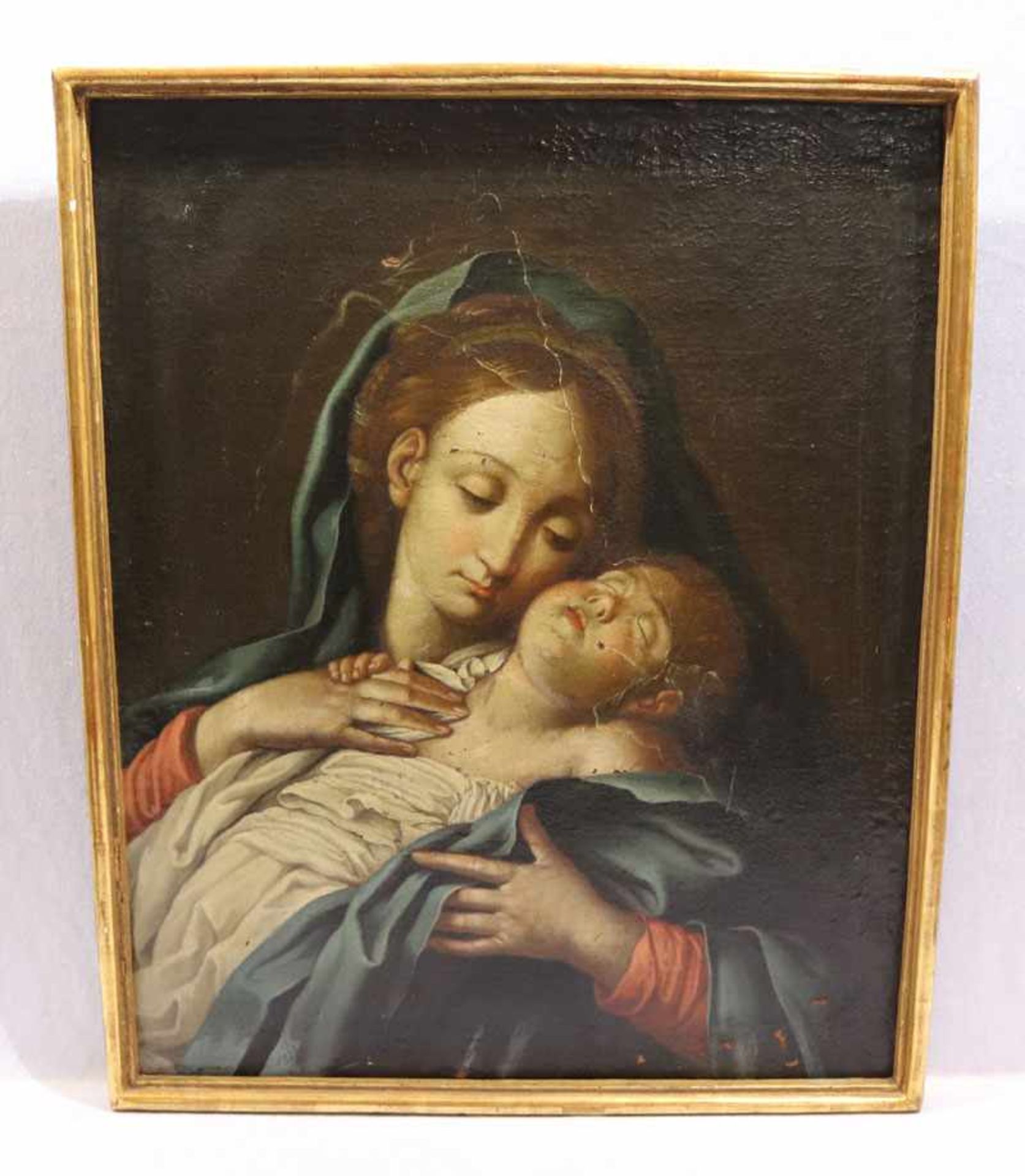 Gemälde ÖL/LW 'Schmerzhafte Madonna mit Kind', um 1800, LW hat Farbablösungen und Löcher, gerahmt,