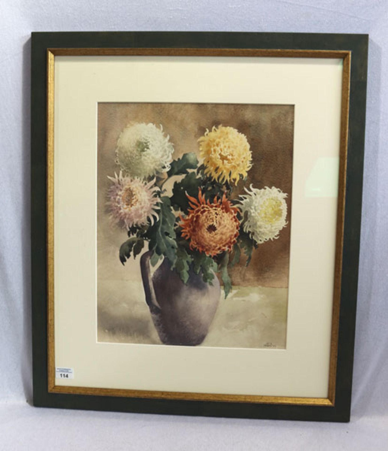 Aquarell 'Chrysanthemen in Vase', signiert YOS, München für Josef Süssmeier, * 1896 Rohr + 1971