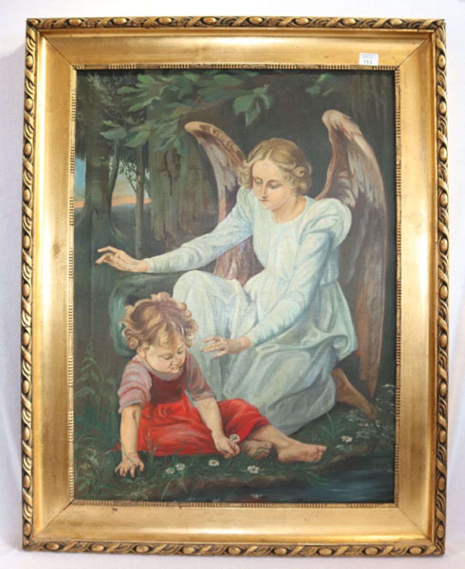 Gemälde ÖL/LW 'Schutzengel mit Mädchen', um 1900, gerahmt, Rahmen beschädigt, incl. Rahmen, H 107