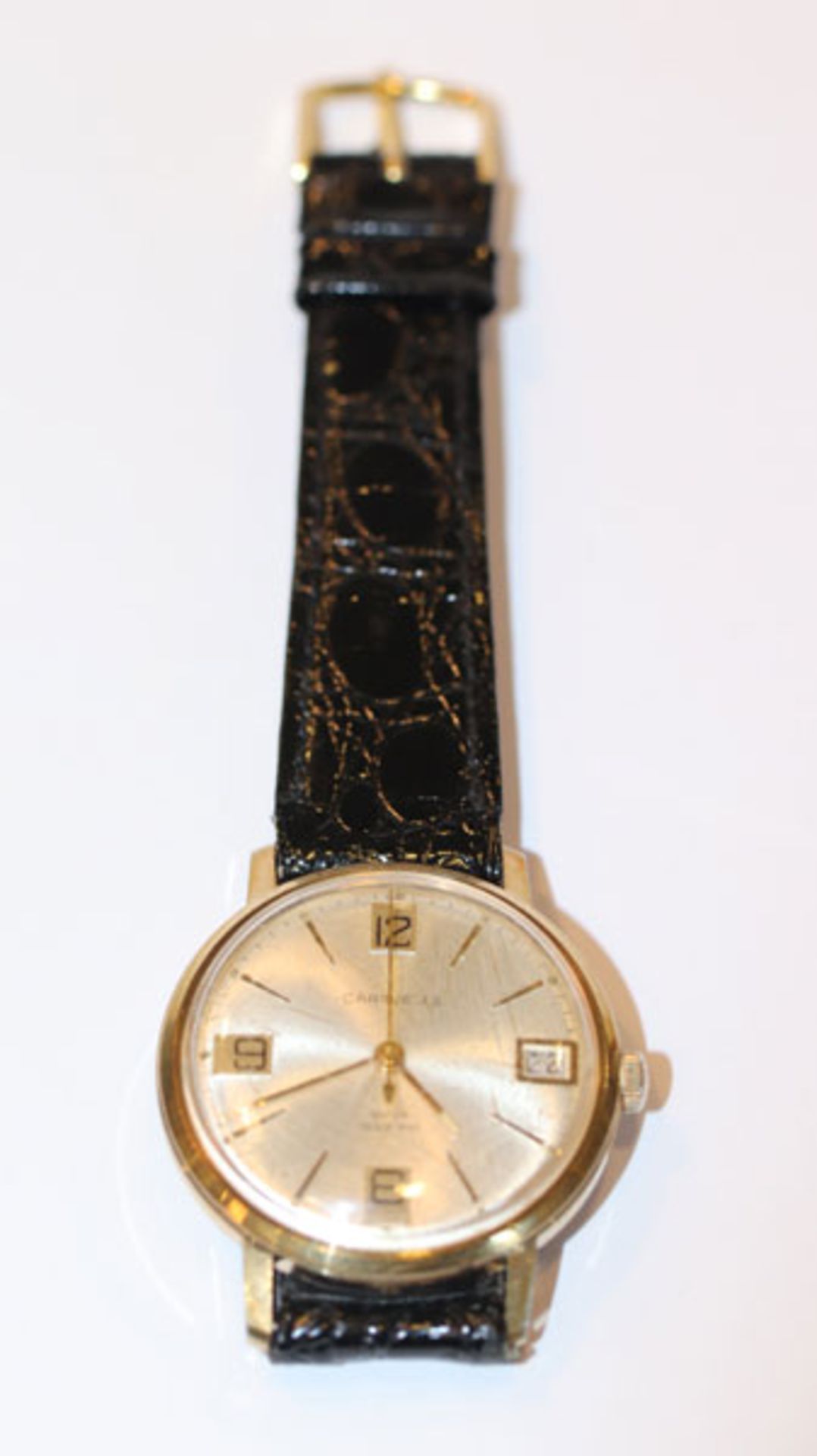 Herren Armbanduhr, Caravelle, um 1960, japanische Uhr mit Datumsanzeige, intakt, an schwarzem