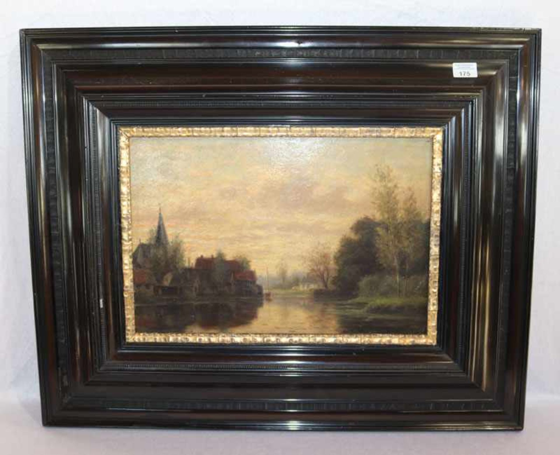 Gemälde ÖL/Malkarton 'Flußlandschaft mit Dorfansicht', signiert J. Hendricks, gerahmt, innerer