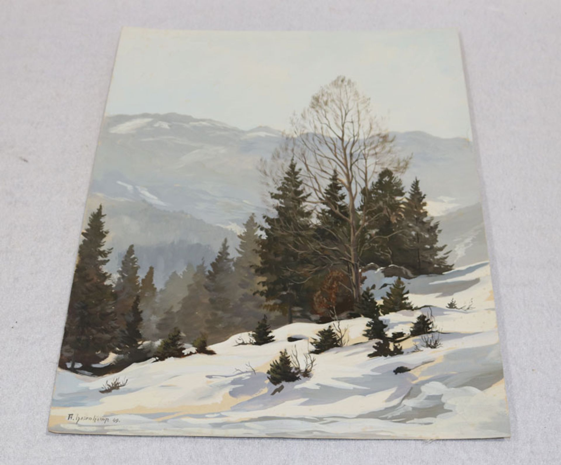 Gemälde ÖL/Papier 'Gebirgslandschaft im Winter', signiert A. (Adolf) Hasenkamp, datiert 49, * 16.5.