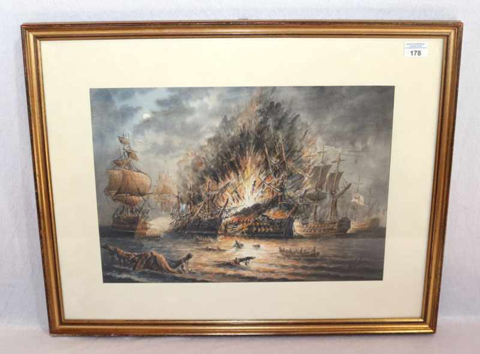 Aquarell 'Schlacht auf dem Nil 1798', signiert Edwin Galea, mit Passepartout unter Glas gerahmt,